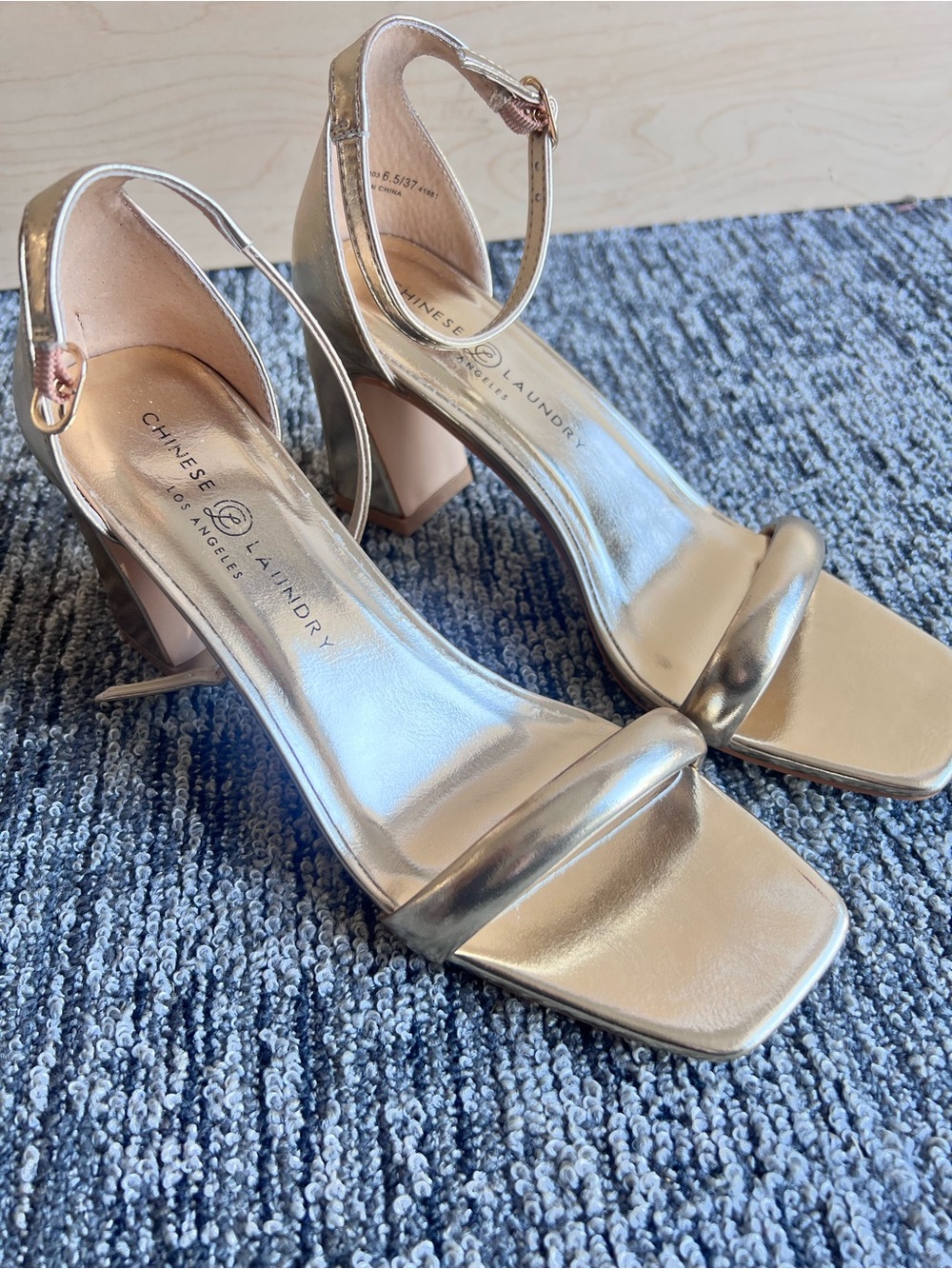 Chinese Laundry Metallic Gold Block Heels with Ankle Strap